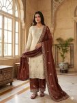MODERN GMY SILK EMBROIDERY SEQUENCE WORK TOP PALAZZO WITH DUPATTA CREAM AND CHIKU