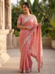 DESIGNER FENDY CHIFFON BEADS EMBROIDERY WORK LACE BORDER  WORK SAREE WITH UNSTITCHED BLOUSE PEACH