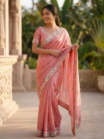 DESIGNER FENDY CHIFFON BEADS EMBROIDERY WORK LACE BORDER WORK SAREE WITH UNSTITCHED BLOUSE PEACH