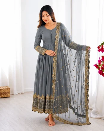 DESIGNER GEORGETTE EMBROIDERY SEQUENCE WORK GOWN WITH DUPATTA GREY
