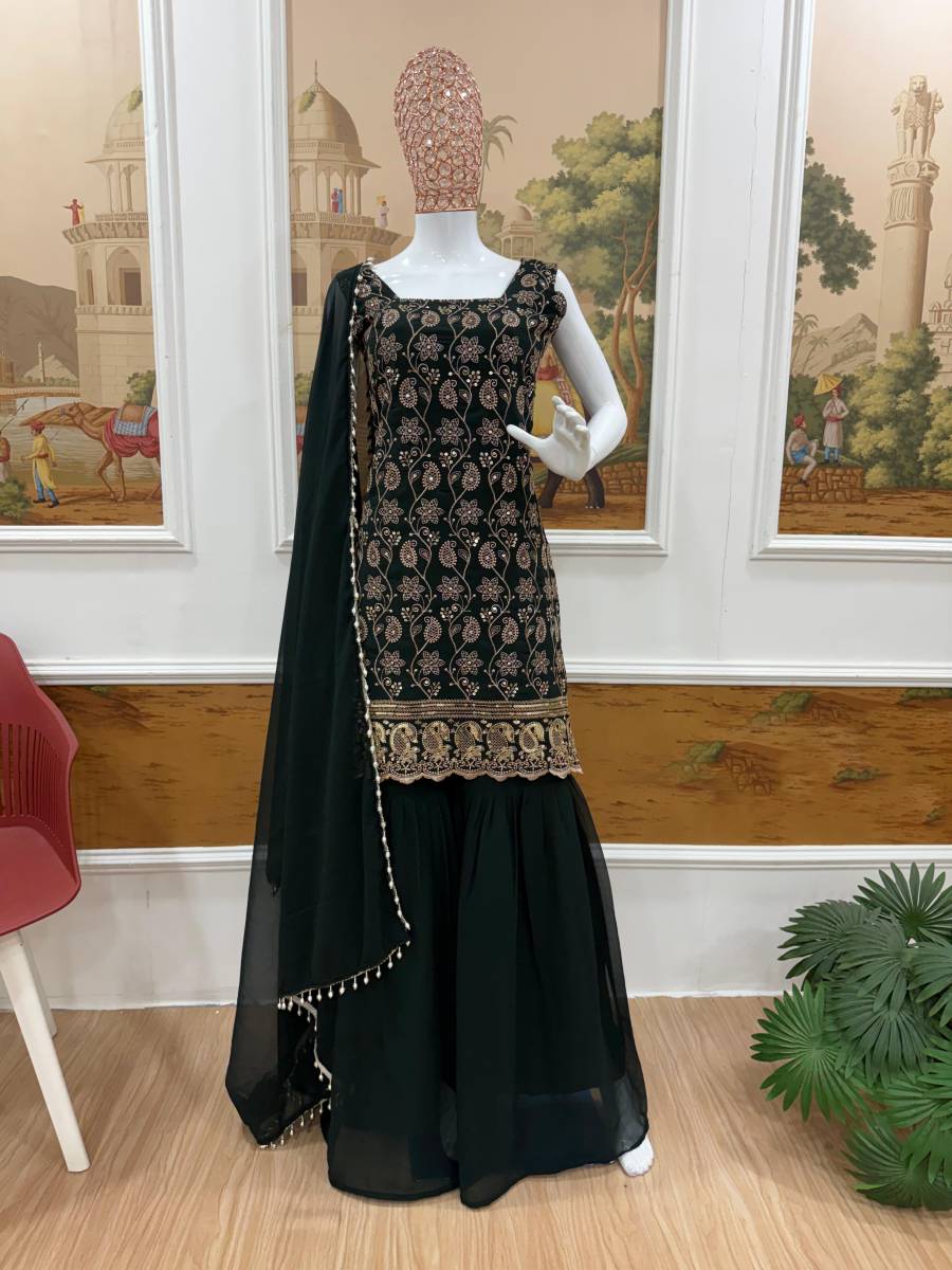 12DESIGNER GEORGETTE EMBROIDERY WORK WITH FANCY LACE WORK TOP SHARARA WITH DUPATTA FESTIVE WEAR WHOLESALE PRICE ETHNIC GARMENT (9)