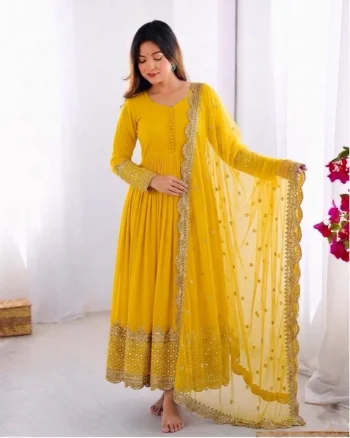 DESIGNER GEORGETTE EMBROIDERY SEQUENCE WORK GOWN WITH DUPATTA YELLOW