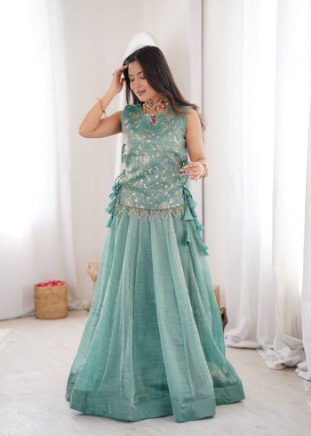 MODERN SALSA CRUSH PLAIN LEHENGA CHOLI WITH ZARI & SEQUENCE EMBROIDERY WORK WITH PEARL & MOTI LACE WORK KOTI SKY