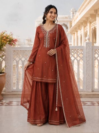 FANCY CRUNCHY SILK EMBROIDERY SEQUENCE WORK TOP PALAZZO WITH DUPATTA DUSTY ROSE