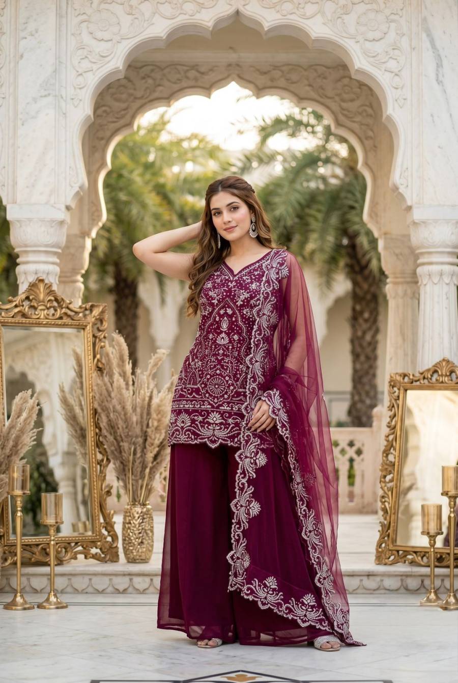 14FANCY GEORGETTE EMBROIDERY SEQUENCE PEARL HAND WORK TOP PALAZZO WITH DUPATTA FESTIVE WEAR WHOLESALE PRICE ETHNIC GARMENT (12)