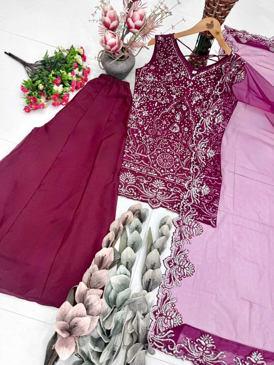 14FANCY GEORGETTE EMBROIDERY SEQUENCE PEARL HAND WORK TOP PALAZZO WITH DUPATTA FESTIVE WEAR WHOLESALE PRICE ETHNIC GARMENT (14)