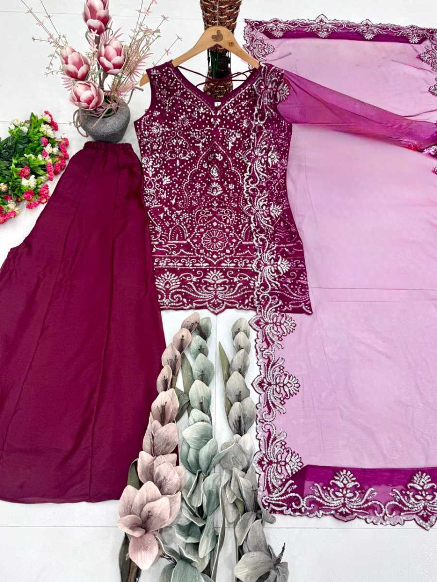 14FANCY GEORGETTE EMBROIDERY SEQUENCE PEARL HAND WORK TOP PALAZZO WITH DUPATTA FESTIVE WEAR WHOLESALE PRICE ETHNIC GARMENT (16)