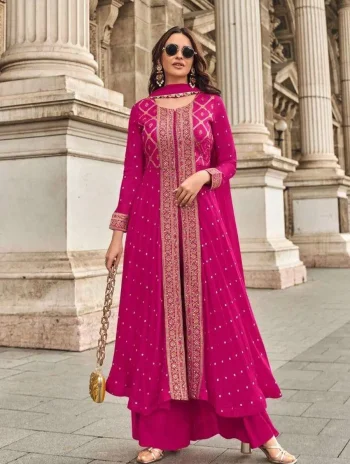 NEW ARRIVAL GEORGETTE PRINTED WITH  REAL MIRROR HAND WORK, DHAGA ZARI + SEQUENCE WORK TOP PALAZZO WITH DUPATTA PINK