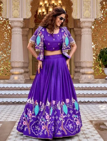 RICH LOOK VICHITRA EMBROIDERY THREAD WORK LEHENGA CHOLI WITH KOTI PURPLE