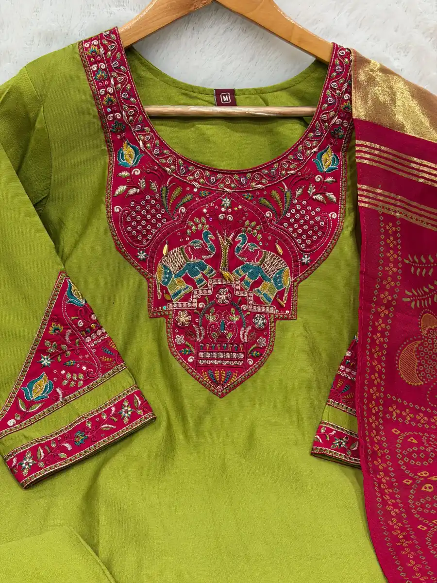 15DESIGNER MANGO SILK MULTI EMBROIDERY WITH HAND WORK TOP BOTTOM WITH DUPATTA FESTIVE WEAR WHOLESALE PRICE ETHNIC GARMENT (1)