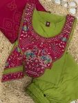DESIGNER MANGO SILK MULTI EMBROIDERY WITH HAND WORK TOP BOTTOM WITH DUPATTA PARROT GREEN AND PINK