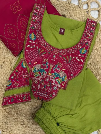 DESIGNER MANGO SILK MULTI EMBROIDERY WITH HAND WORK TOP BOTTOM WITH DUPATTA PARROT GREEN AND PINK