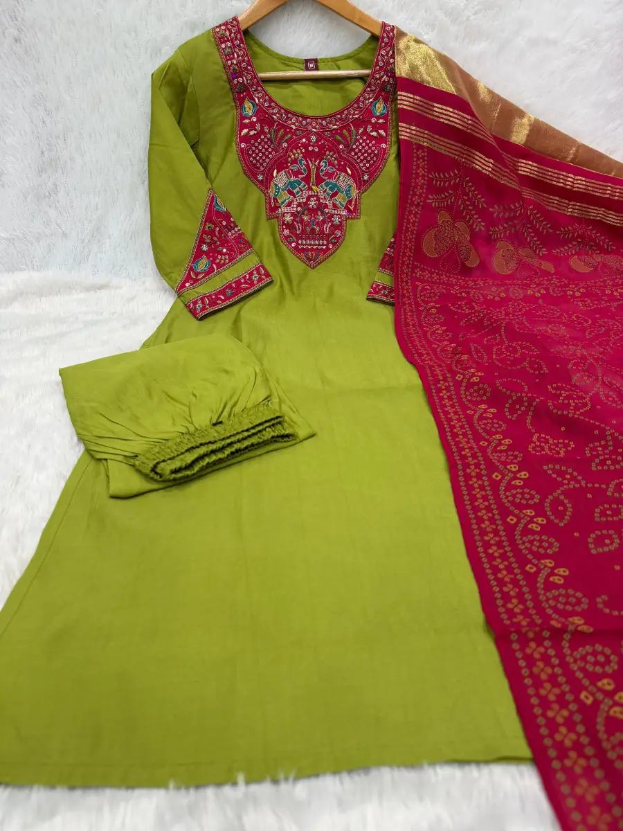 15DESIGNER MANGO SILK MULTI EMBROIDERY WITH HAND WORK TOP BOTTOM WITH DUPATTA FESTIVE WEAR WHOLESALE PRICE ETHNIC GARMENT (3)