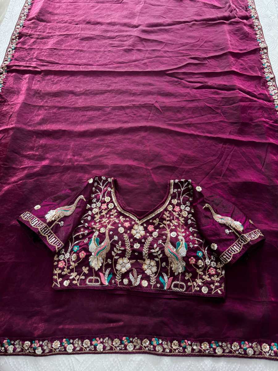 16DESIGNER FENDY SATIN SILK 3BEADS, SEQUNCE & CUTDANA EMBROIDERY WORK LACE BORDER WORK SAREE WITH STITCHED BLOUSE WEDDING WEAR WHOLESALE PRICE ETHNIC GARMENT (28)