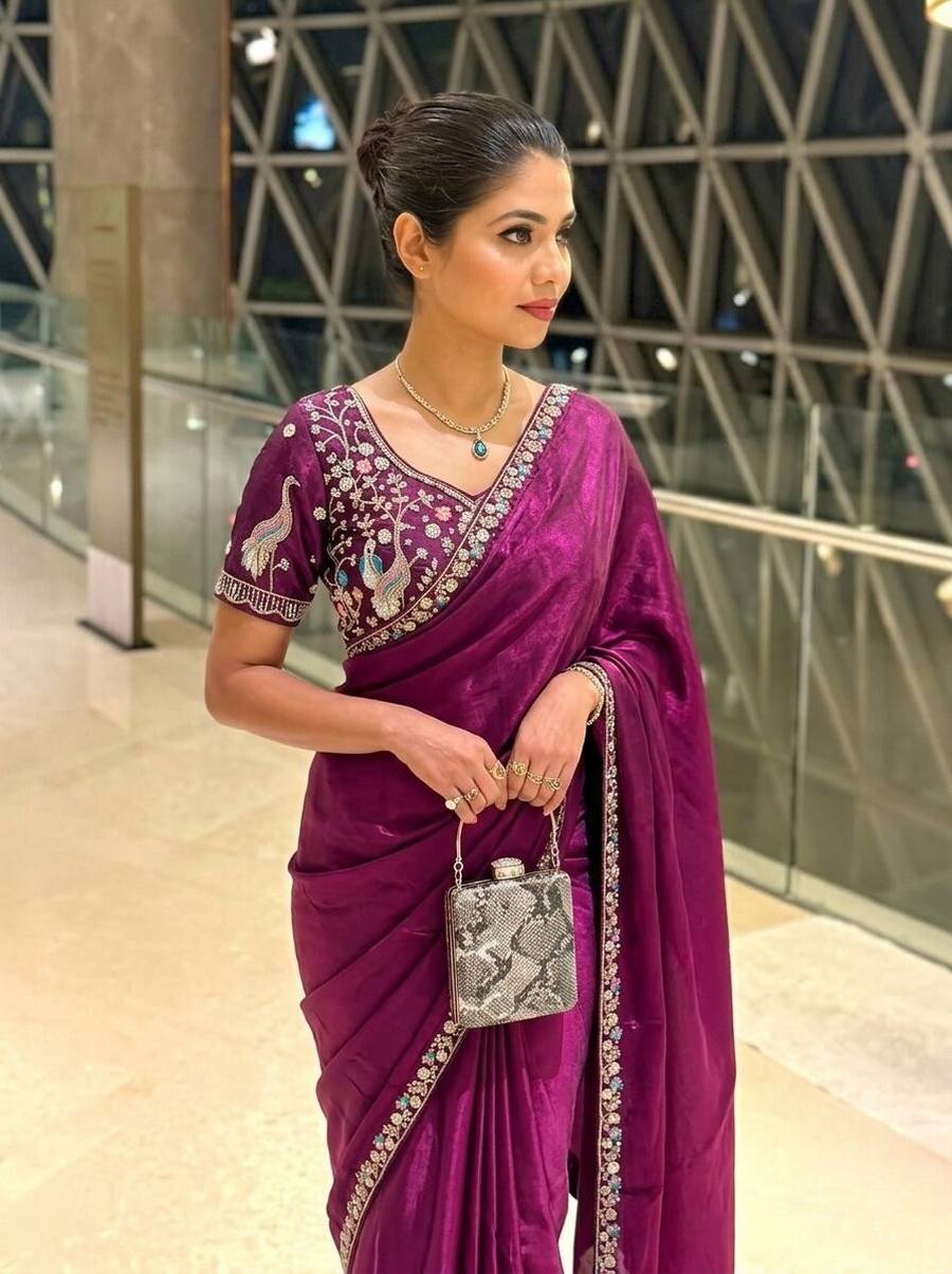 16DESIGNER FENDY SATIN SILK 3BEADS, SEQUNCE & CUTDANA EMBROIDERY WORK LACE BORDER WORK SAREE WITH STITCHED BLOUSE WEDDING WEAR WHOLESALE PRICE ETHNIC GARMENT (34)