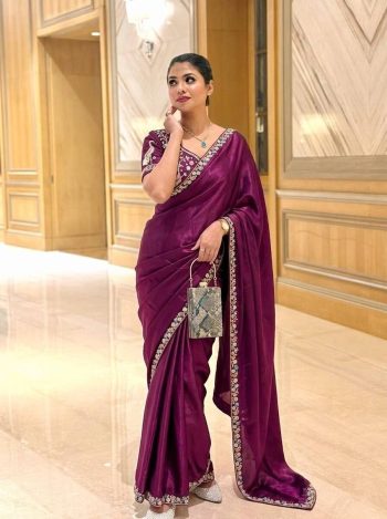 DESIGNER FENDY SATIN SILK 3BEADS, SEQUNCE & CUTDANA EMBROIDERY WORK LACE BORDER WORK SAREE WITH STITCHED BLOUSE PURPLE