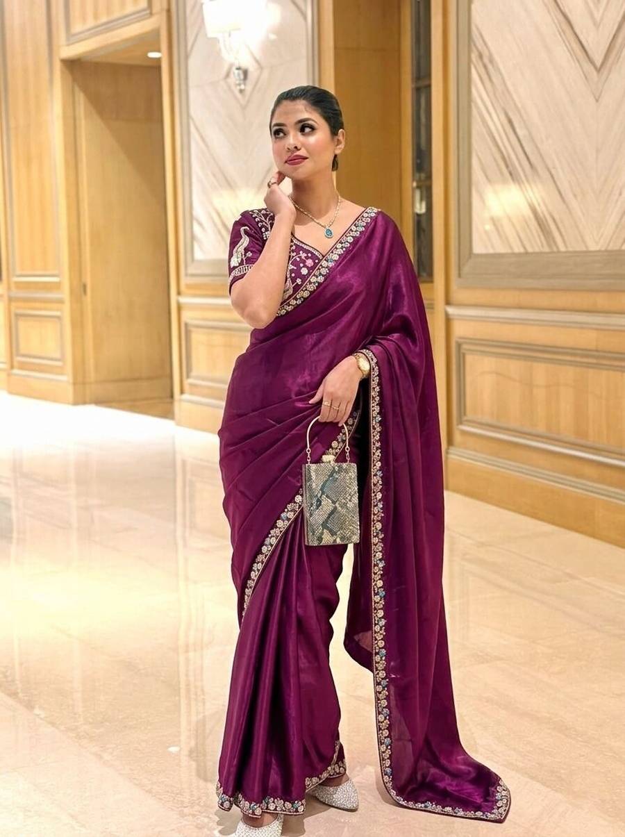 16DESIGNER FENDY SATIN SILK 3BEADS, SEQUNCE & CUTDANA EMBROIDERY WORK LACE BORDER WORK SAREE WITH STITCHED BLOUSE WEDDING WEAR WHOLESALE PRICE ETHNIC GARMENT (37)