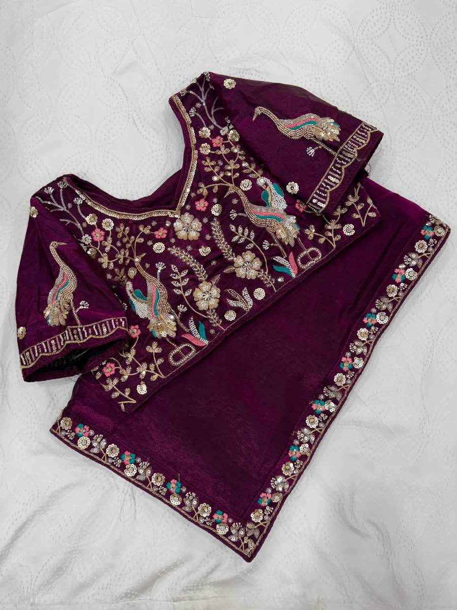 16DESIGNER FENDY SATIN SILK 3BEADS, SEQUNCE & CUTDANA EMBROIDERY WORK LACE BORDER WORK SAREE WITH STITCHED BLOUSE WEDDING WEAR WHOLESALE PRICE ETHNIC GARMENT (39)