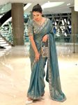 DESIGNER FENDY SATIN SILK 3BEADS, SEQUNCE & CUTDANA EMBROIDERY WORK LACE BORDER WORK SAREE WITH STITCHED BLOUSE BLUE