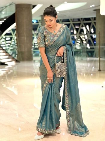 DESIGNER FENDY SATIN SILK 3BEADS, SEQUNCE & CUTDANA EMBROIDERY WORK LACE BORDER WORK SAREE WITH STITCHED BLOUSE BLUE