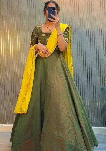 DESIGNER VICHITRA SILK MAGGAM HAND WORK GOWN WITH DUPATTA MEHNDI