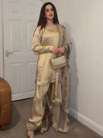 MODERN JAPAN SATIN SILK PLAIN WORK TOP PATIYALA WITH DUPATTA CREAM