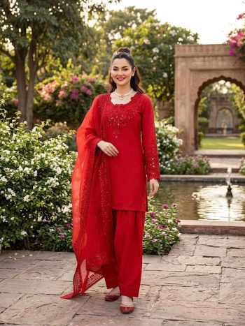 NEW ARRIVAL NATURAL CREPE THREAD WITH SEQUENCE WORK TOP PATIYALA WITH DUPATTA RED