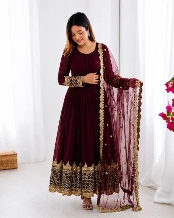 DESIGNER GEORGETTE EMBROIDERY SEQUENCE WORK GOWN WITH DUPATTA BROWN