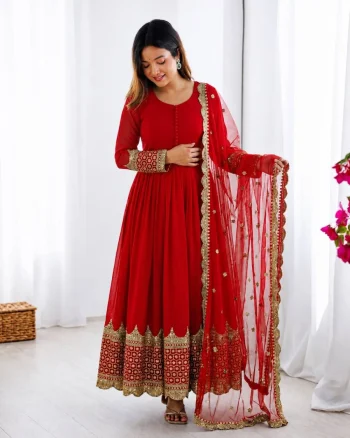 DESIGNER GEORGETTE EMBROIDERY SEQUENCE WORK GOWN WITH DUPATTA RED