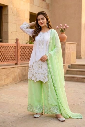 DESIGNER GEORGETTE EMBROIDERY SEQUENCE WORK WITH PERAL MOTI HAND WORK TOP PALAZZO WITH DUPATTA WHITE AND GREEN
