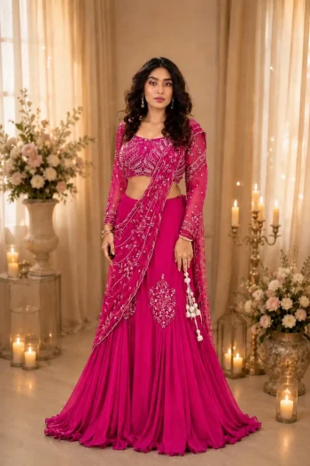 MODERN CHINON SILK MULTI THREAD EMBROIDERY + SEQUENCE WORK LEHENGA SAREE WITH STITCHED BLOUSE RANI