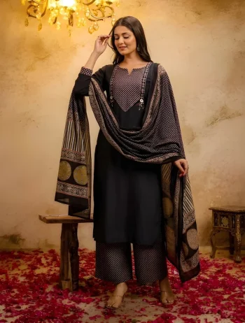 NEW ARRIVAL COTTON EMBROIDERED + HAND WORK TOP BOTTOM WITH DUPATTA BLACK
