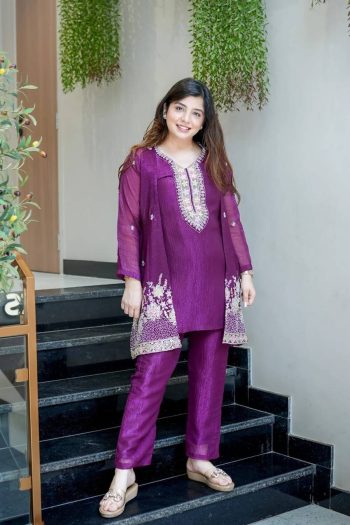 DESIGNER CHINON EMBROIDERY BEADS WORK KURTI KOTI WITH BOTTOM SET PURPLE