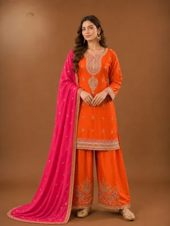 DESIGNER CHINON EMBROIDERY CODING WITH SEQUENCE WORK TOP PATIYALA WITH DUPATTA ORANGE