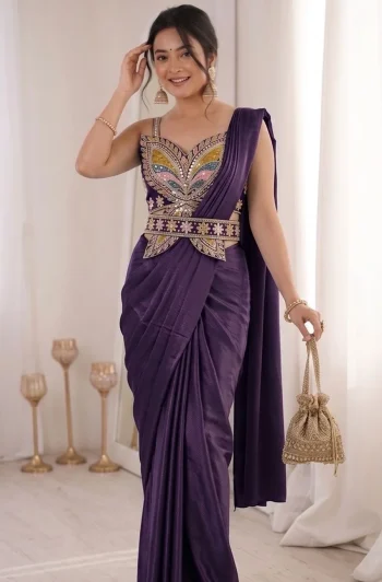 DESIGNER CREPE EMBROIDERY WORK READY TO WEAR SAREE WITH STITCHED BLOUSE PURPLE