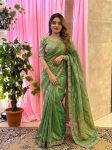 1DESIGNER FENDY SATIN SILK 3BEADS, SEQUNCE & CUTDANA EMBROIDERY WORK LACE BORDER WORK SAREE WITH STITCHED BLOUSE WEDDING WEAR WHOLESALE PRICE ETHNIC GARMENT (33)