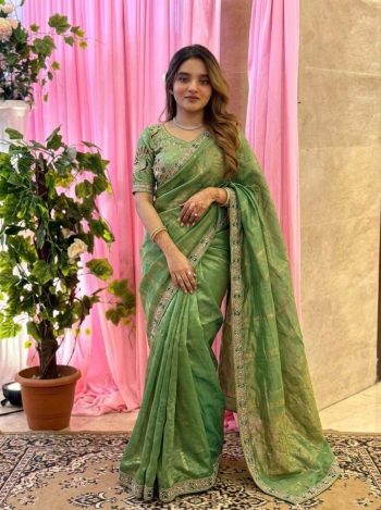 DESIGNER FENDY SATIN SILK 3BEADS, SEQUNCE & CUTDANA EMBROIDERY WORK LACE BORDER WORK SAREE WITH STITCHED BLOUSE PISTA