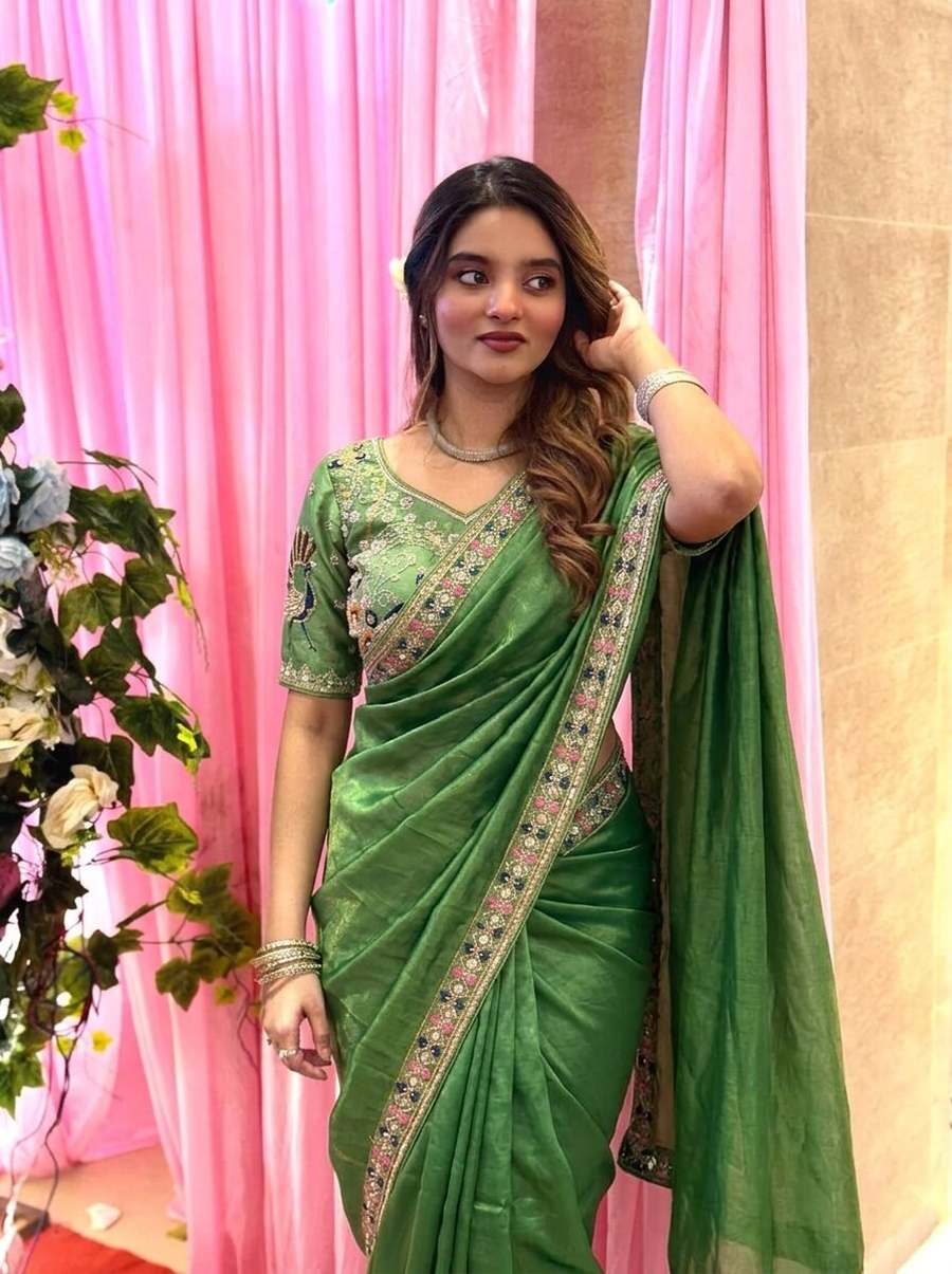 1DESIGNER FENDY SATIN SILK 3BEADS, SEQUNCE & CUTDANA EMBROIDERY WORK LACE BORDER WORK SAREE WITH STITCHED BLOUSE WEDDING WEAR WHOLESALE PRICE ETHNIC GARMENT (34)