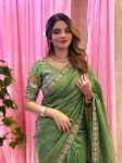 1DESIGNER FENDY SATIN SILK 3BEADS, SEQUNCE & CUTDANA EMBROIDERY WORK LACE BORDER WORK SAREE WITH STITCHED BLOUSE WEDDING WEAR WHOLESALE PRICE ETHNIC GARMENT (33)