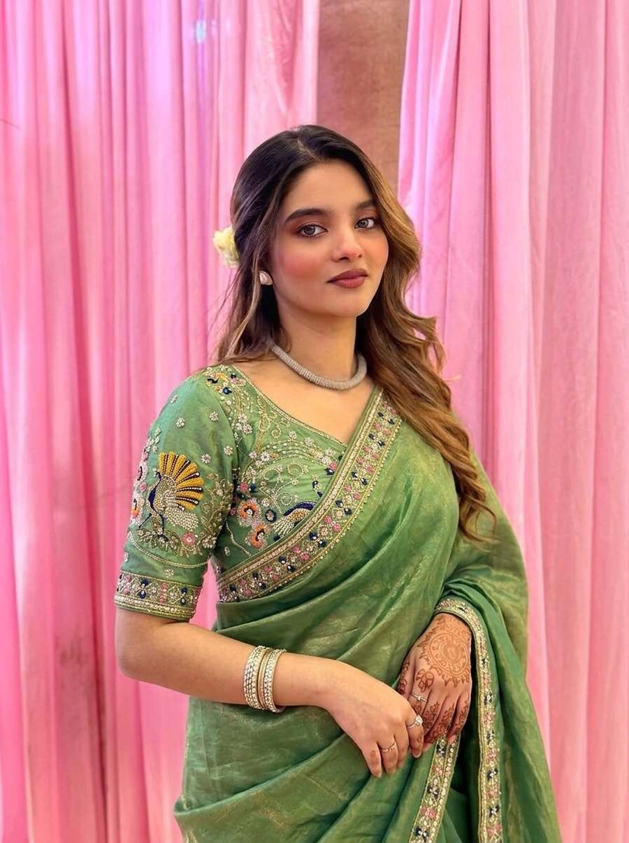 1DESIGNER FENDY SATIN SILK 3BEADS, SEQUNCE & CUTDANA EMBROIDERY WORK LACE BORDER WORK SAREE WITH STITCHED BLOUSE WEDDING WEAR WHOLESALE PRICE ETHNIC GARMENT (36)