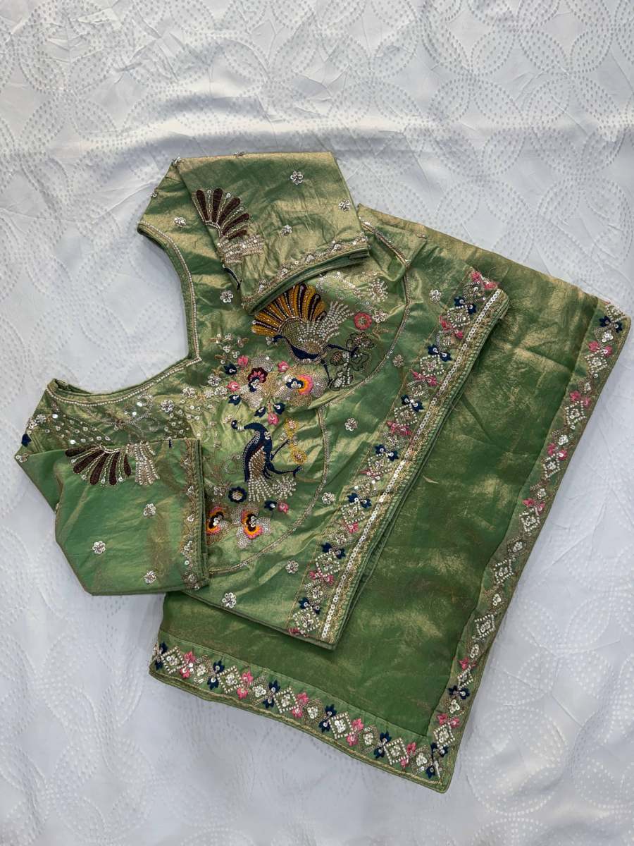 1DESIGNER FENDY SATIN SILK 3BEADS, SEQUNCE & CUTDANA EMBROIDERY WORK LACE BORDER WORK SAREE WITH STITCHED BLOUSE WEDDING WEAR WHOLESALE PRICE ETHNIC GARMENT (37)