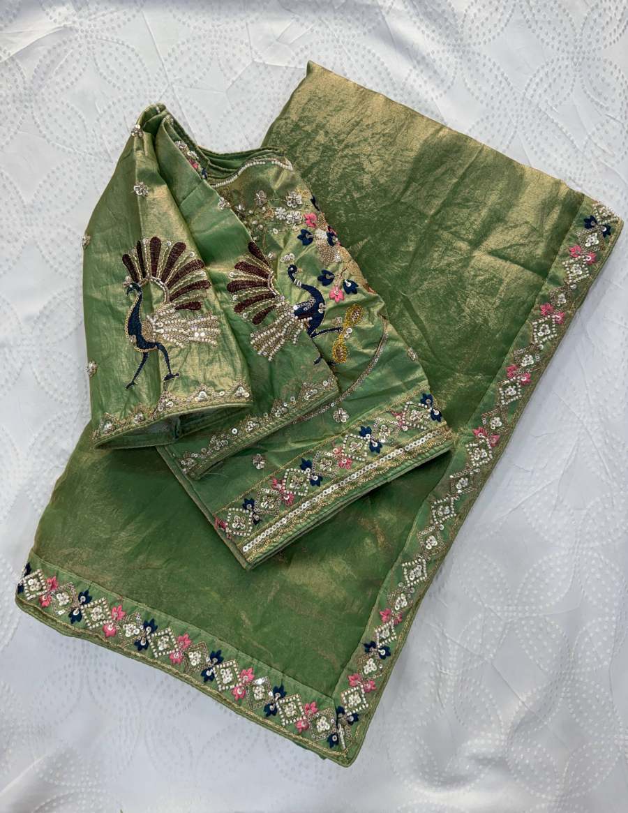 1DESIGNER FENDY SATIN SILK 3BEADS, SEQUNCE & CUTDANA EMBROIDERY WORK LACE BORDER WORK SAREE WITH STITCHED BLOUSE WEDDING WEAR WHOLESALE PRICE ETHNIC GARMENT (39)