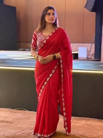 DESIGNER FENDY SATIN SILK BEADS & SEQUENCE EMBROIDERY WORK LACE BORDER SAREE WITH STITCHED BLOUSE RED
