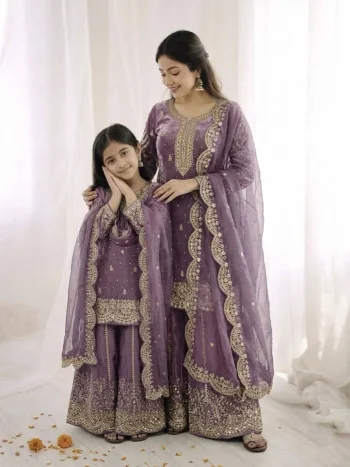 DESIGNER FENDY SILK EMBROIDERY CODING AND SEQUENCE WORK MOTHER DAUGHTER SET PURPLE
