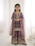DESIGNER FENDY SILK EMBROIDERY CODING AND SEQUENCE WORK KID'S TOP PALAZZO WITH DUPATTA PURPLE