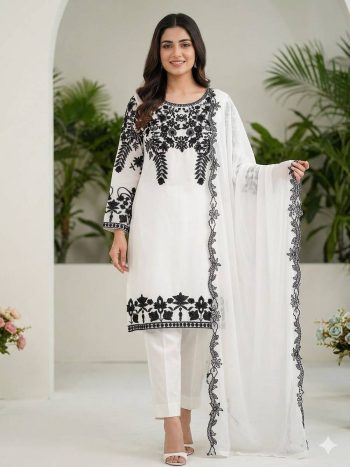 DESIGNER GEORGETTE SEQUENCE EMBROIDERY WORK TOP BOTTOM WITH DUPATTA WHITE