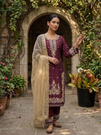 DESIGNER GMY SILK EMBROIDERY SEQUENCE WORK TOP PALAZZO WITH DUPATTA MAROON