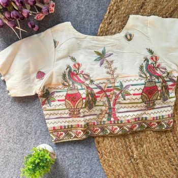 DESIGNER KHADI COTTON EMBROIDERED WORK STITCHED BLOUSE OFF WHITE