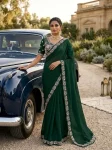 DESIGNER MALAI SATIN BEADS 3 SEQUNCE EMBROIDERY WORK LACE BORDER WORK SAREE WITH STITCHED BLOUSE GREEN
