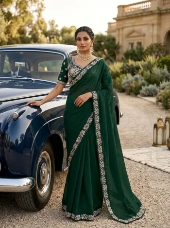 DESIGNER MALAI SATIN BEADS 3 SEQUNCE EMBROIDERY WORK LACE BORDER WORK SAREE WITH STITCHED BLOUSE GREEN